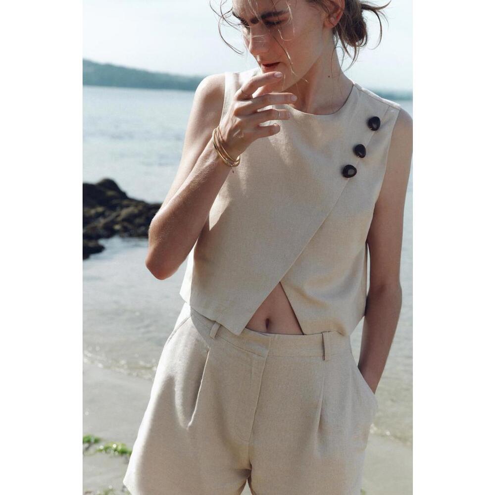 Zara‎ Cropped Crossover Linen Blend Top - XL